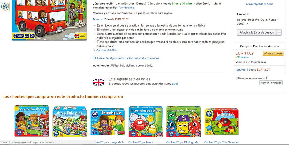 Ficha de producto de un juego infantil en donde se muestra la venta cruzada con otros artículos similares en la plataforma ecommerce Amazon España para ilustrar el artículo del blog de Niri Rodríguez fotógrafa de producto en Pontevedra