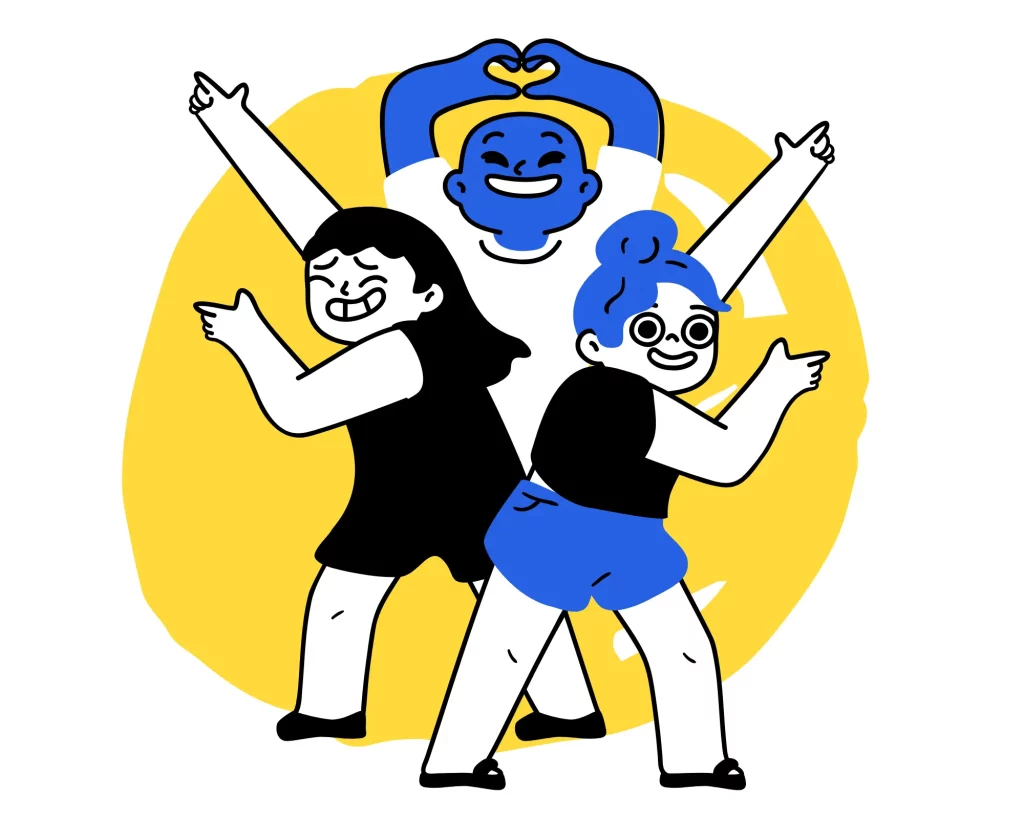 Caricatura de tres personas señalando con sus brazos y manos hacia arriba y la persona del medio, haciendo el símbolo del corazón con sus manos. Los tres sonríen.